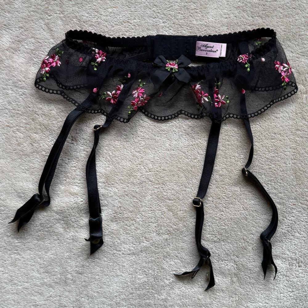 Agent Provocateur Black and Pink Embroidered Garter Belt Suspenders